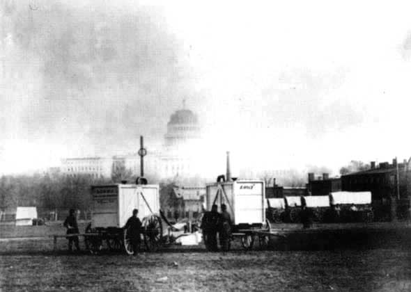 Professor Thaddeus Lowe's Balloon Gas Generators on the Capital Mall, 1861.