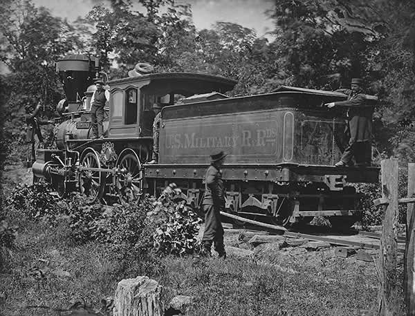 Engine Fred Leach, U.S. Military Railroad, showing marks of cannon shot.