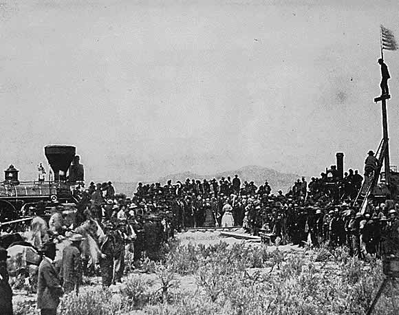 Joining the tracks for the first transcontinental railroad, Promontory, Utah, Terr., 1869.