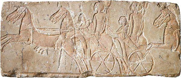 Court ladies in light chariots, drivers urge on the horses; Circa 1353-1336 B.C.