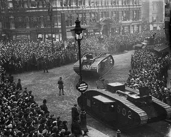 Tanks on parade in London at the end of World War I, 1918.