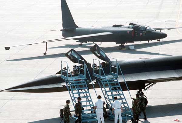 U-2 spy plane on display in the background of a retiring SR-71 spy plane.