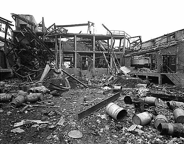 Explosion damage at the Iowa Ordnance Plant, Burlington, Iowa 04 March 1942.