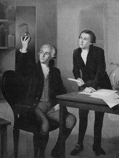 Antoine Laurent de Lavoisier (1743—1794) and Eleuthère Irénée du Pont (1771—1834) in laboratory work. Circa 1790.