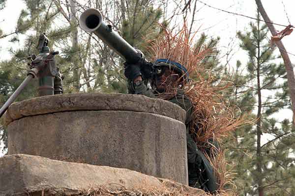 A soldier aims an M-20 anti-tank rocket launcher during the joint South Korea/US Exercise Team Spirit '84.