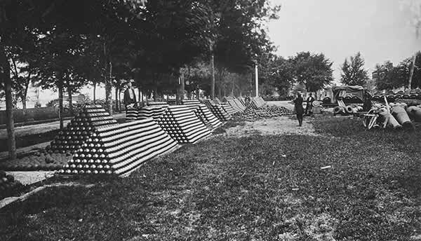 Rows of stacked cannon balls.